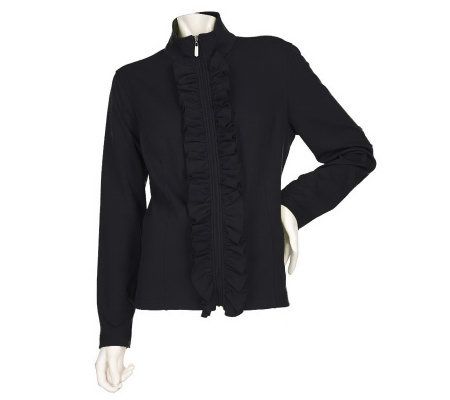 Susan Graver Ponte Knit Zip Front Long Sleeve Ruffle Jacket - A203185