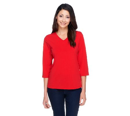 Susan Graver Essentials Liquid Knit V-Neck Top with 3/4 Sleeves - A203885