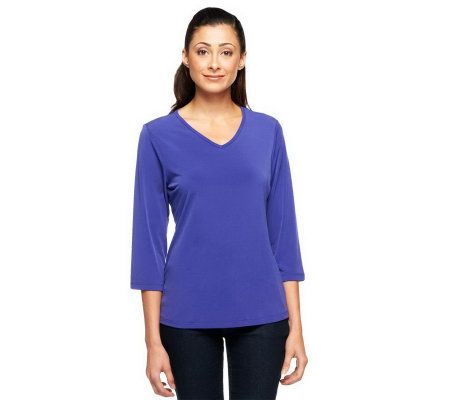 Susan Graver Essentials Liquid Knit V-Neck Top with 3/4 Sleeves - A203885