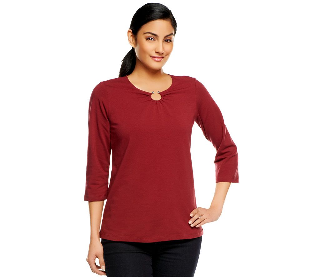 Denim & Co. 3/4 Sleeve Knit Top with Horseshoe Neckline Detail - A210485