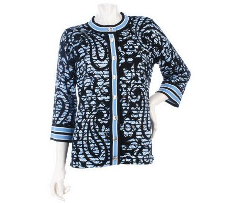Bob Mackies 3/4 Sleeve Renaissance Print Cardigan w/Contrast Trim - A216585