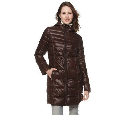 Bernardo Packable Long Down Coat with Hood - A218185