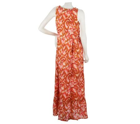 Isaac Mizrahi Live! Paisley Print Maxi Dress with Ruffle Neckline