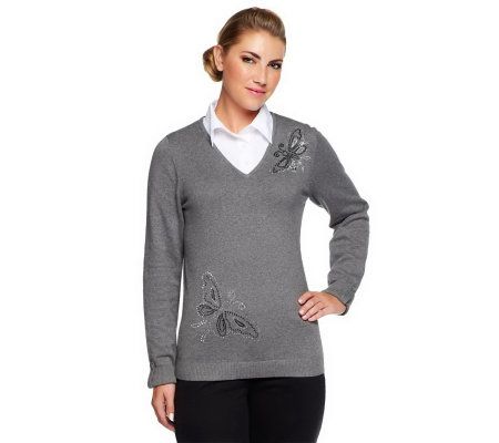 Quacker Factory Woven Collar Duet Sweater w/ Rhinestone Butterflies - A225785