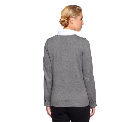 Quacker Factory Woven Collar Duet Sweater w/ Rhinestone Butterflies