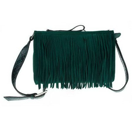 B. Makowsky Double Zip Top Gusseted Crossbody Bag w/Fringe Detail - A226185