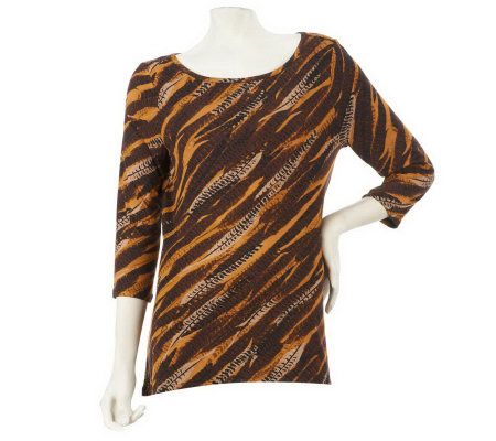 LOGO by Lori Goldstein Feather Print Knit Top with Hi-Low Hem - A227785
