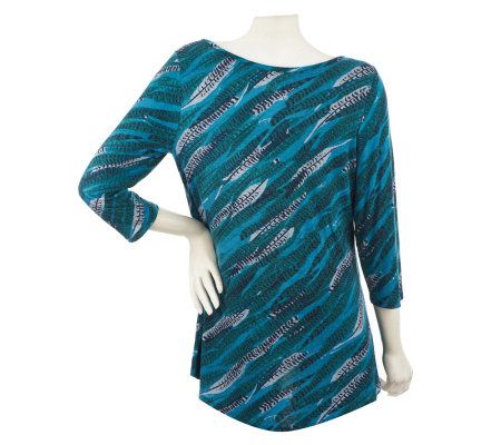 LOGO by Lori Goldstein Feather Print Knit Top with Hi-Low Hem