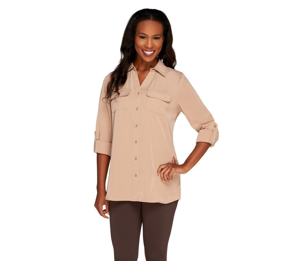 Denim & Co. Roll Tab Sleeve Button Front Soft Utility Tunic - A227885