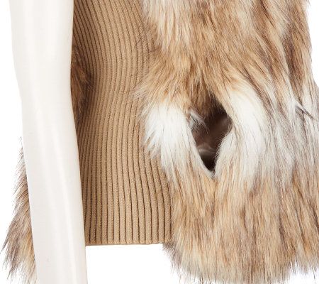 Dennis Basso Striped Tipped Faux Fur Vest with Knit Side Panels