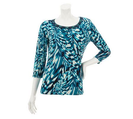 Susan Graver Liquid Knit Top with Embellished Scoop Neck - A230485