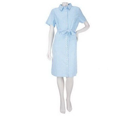 Denim & Co. PlaidSeersucker Short Sleeve Shirt Dress with Tie - A222686