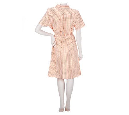 Denim & Co. PlaidSeersucker Short Sleeve Shirt Dress with Tie
