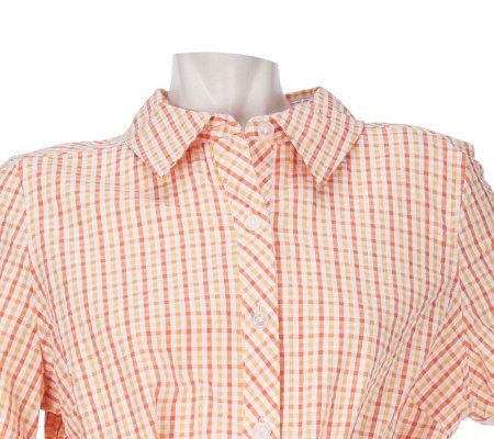 Denim & Co. PlaidSeersucker Short Sleeve Shirt Dress with Tie