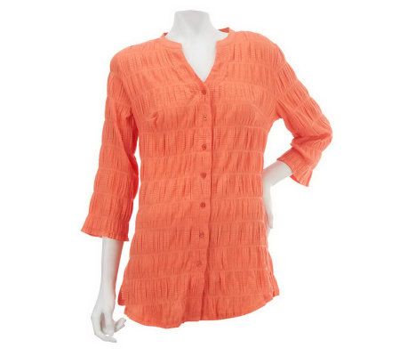 Liz Claiborne New York 3/4 Sleeve Button Front Pucker Tunic - A224286