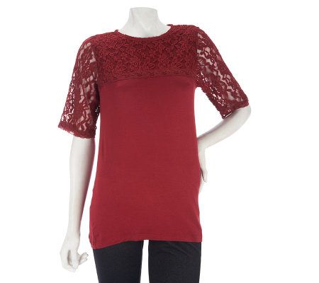 LOGO by Lori Goldstein Elbow Sleeve Knit Top with Lace Detail - A227786