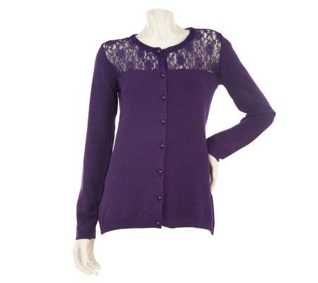 Dennis Basso Long Sleeve Scoop Neck Cardigan with Lace Yoke - A229286