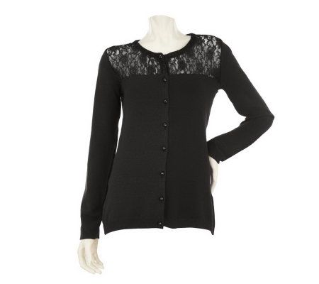 Dennis Basso Long Sleeve Scoop Neck Cardigan with Lace Yoke - A229286