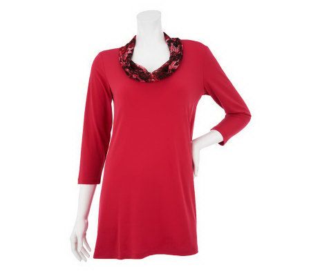 Susan Graver Liquid Knit Tunic with Printed Chiffon Cowl Neck - A230486