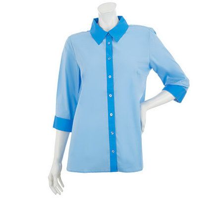 Denim & Co. 3/4 Sleeve Button Front Color Block Top - A232186