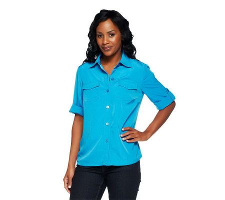 Susan Graver Peachskin Solid Roll Tab Shirt - A87186