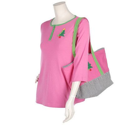 Quacker Factory French Knot Tote Bag and Henley Knit Top - A16587