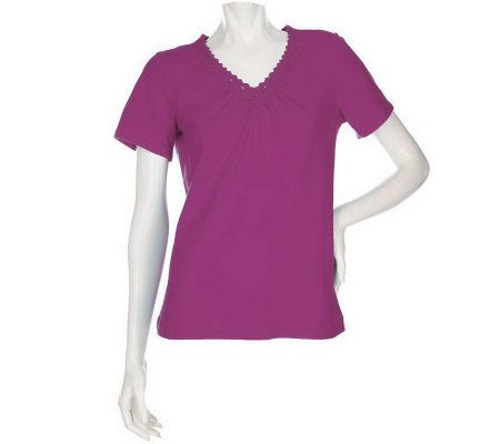 Susan Graver Short Sleeve V-neck Top with Lace Trim - A198687