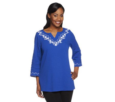 Denim & Co. 3/4 Sleeve Crinkle Gauze Embroidered Tunic - A201587