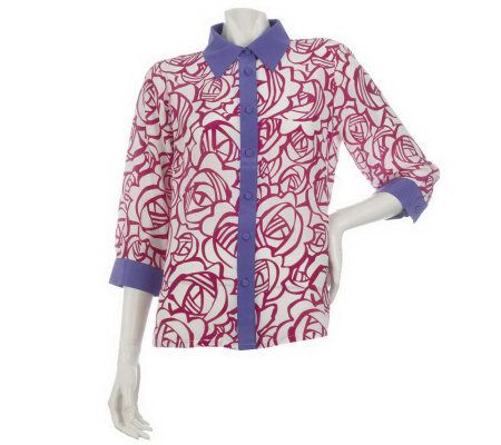 Bob Mackies Silk Button Front Rose Print Shirt - A214087