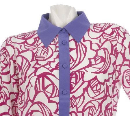 Bob Mackies Silk Button Front Rose Print Shirt