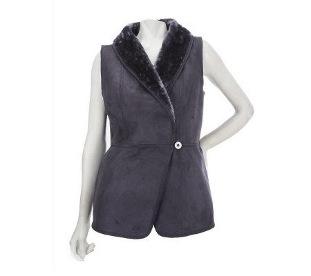 Denim & Co. One Button Faux Suede Faux Fur Vest - A227887