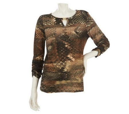 Susan Graver Liquid Knit Foil Printed Top with Keyhole Detail - A228287