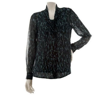 Dennis Basso Printed Chiffon Bow Front Blouse with Tank - A229287