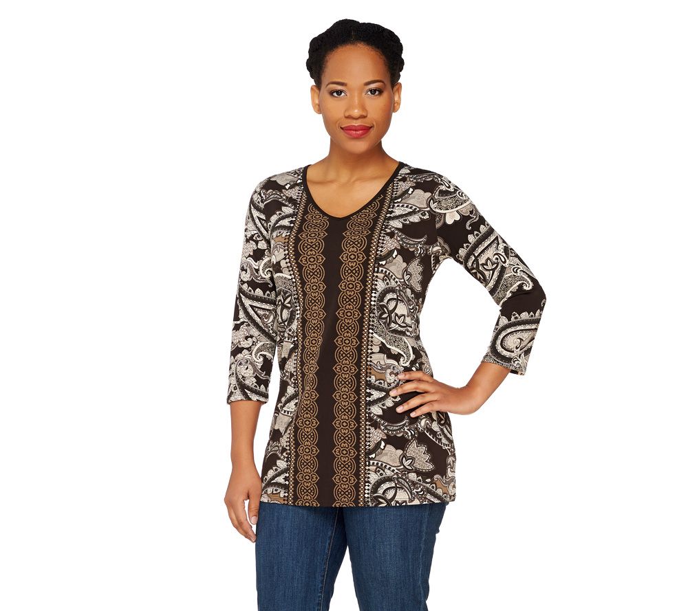 Susan Graver Printed Liquid Knit Tunic with Solid V-neck Trim - A230487