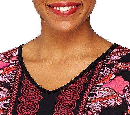 Susan Graver Printed Liquid Knit Tunic with Solid V-neck Trim