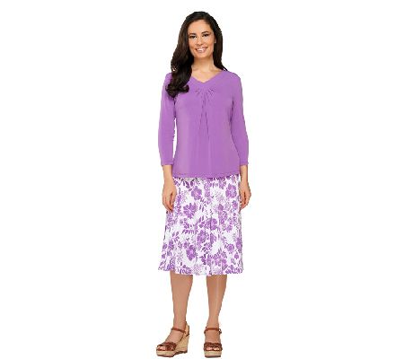 Susan Graver Liquid Knit Ruched V-neck Shirt with Gored Skirt - A87187