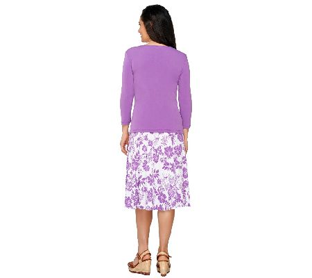 Susan Graver Liquid Knit Ruched V-neck Shirt with Gored Skirt