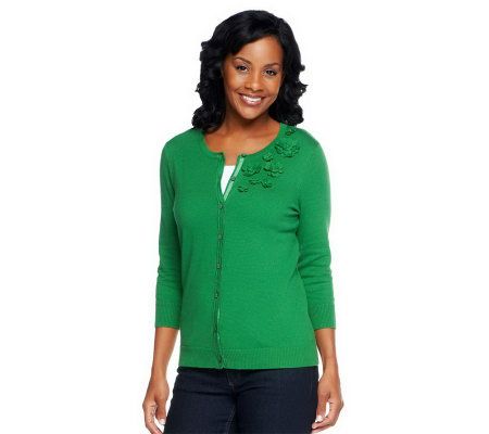 Denim & Co. 3/4 Sleeve Cardigan with Flower Detail - A203588