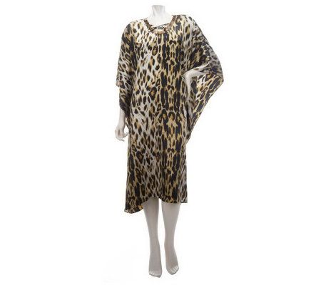 Dennis Basso Leopard Print Caftan with Beaded Neckline & Tie Detail - A223488