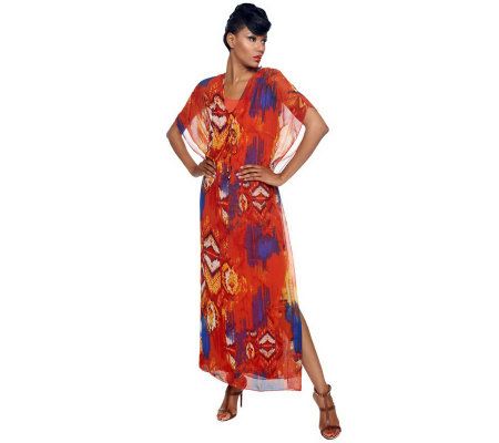 K-DASH by Kardashian V-neck Printed Caftan Maxi Dress - A224088