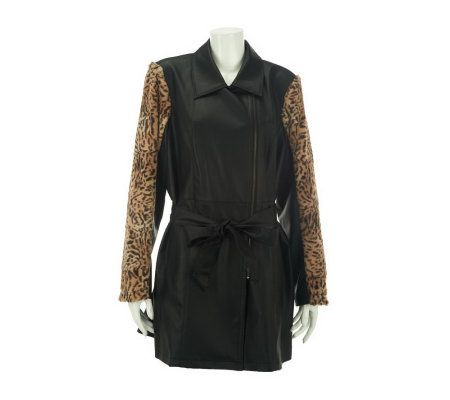 Dennis Basso Faux Leather Trench Coat with Faux Fur Sleeves - A228688