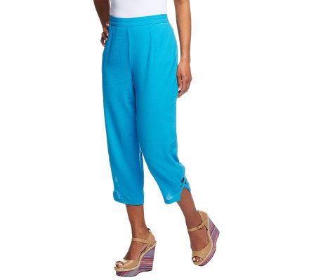 Susan Graver Solid Cotton Pull-on Crop Pants with Lattice Details - A233288