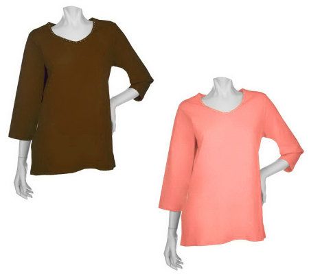 Quacker Factory Set of 2 Stretch Rhinestone Trim V-neck Tops - A188189