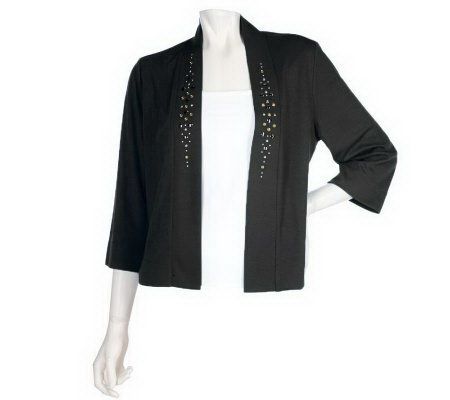 Susan Graver Ponte Knit 3/4 Sleeve Cardigan with Embellishment - A201089