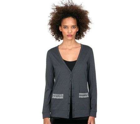 LOGO by Lori Goldstein Button Front Cardigan with Embellishment - A209789