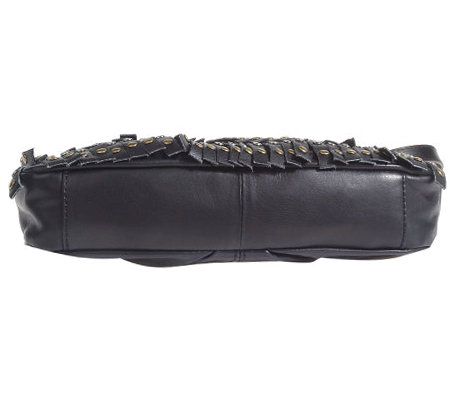 B.Makowsky Glove Leather Zip Top Fringe Crossbody Bag w/Stud Accents