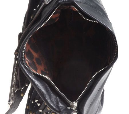 B.Makowsky Glove Leather Zip Top Fringe Crossbody Bag w/Stud Accents