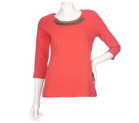Dennis Basso Stretch Knit 3/4 Sleeve Top with Metal Studs - A213389