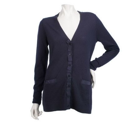 LOGO by Lori Goldstein Cardigan with Pleated Ribbon Placket - A213889