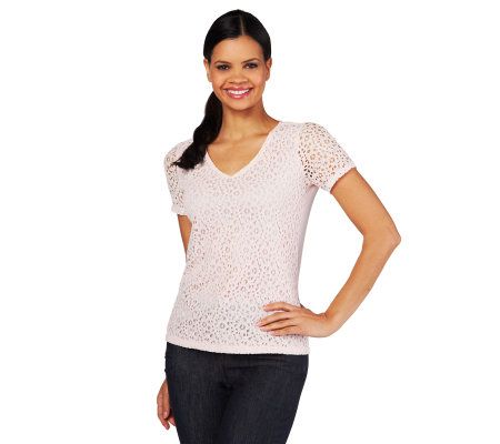 Liz Claiborne New York Eyelet Lace T-Shirt with Lining - A214389